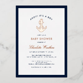 Invitación Con Relieve Metalizado Nautical Anchor Boy Baby Shower