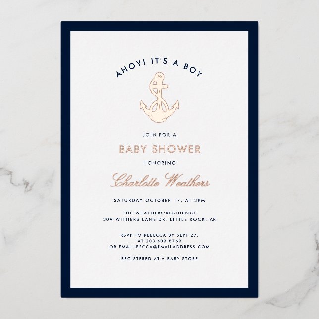 Invitación Con Relieve Metalizado Nautical Anchor Boy Baby Shower (Anverso)