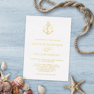Invitación Con Relieve Metalizado Nautical Anchor Monogram Minimal Wedding