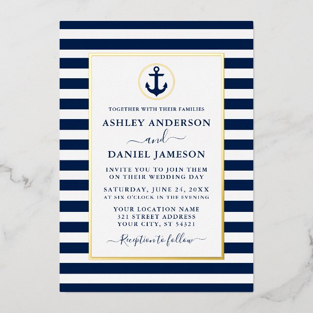 Invitación Con Relieve Metalizado Nautical Anchor Naval Bandas Azules Boda Oro (Anverso)