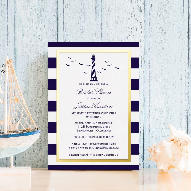 Invitación Con Relieve Metalizado Nautical Lighthouse Naval Stripe Bridal Shower Rea (Subido por el creador)