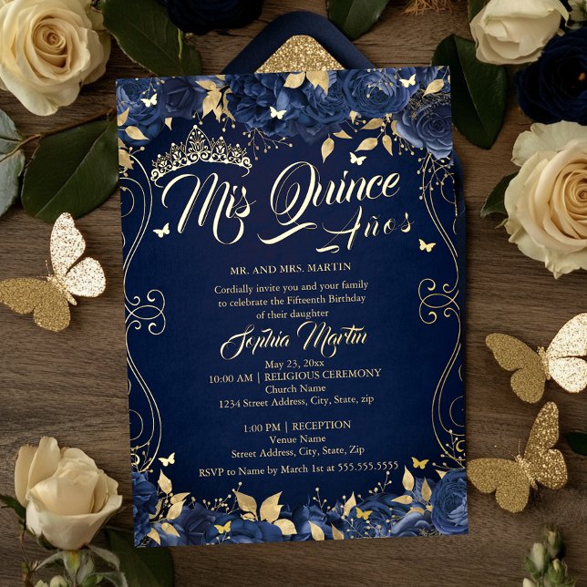 Invitación Con Relieve Metalizado Nave Floral Garden Gold Mis Quince Quinceanera (Subido por el creador)