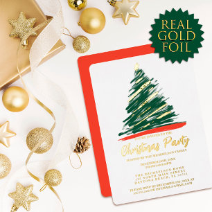 Invitación Con Relieve Metalizado Navidad Árbol Abstracto Moderno Oro Rojo Verde