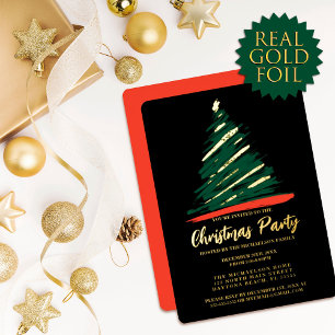 Invitación Con Relieve Metalizado Navidad Árbol Abstracto Moderno Oro Rojo Verde