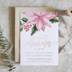 Invitación Con Relieve Metalizado Navidad con Poinsettia Rosa y Acebo en Acuarela
