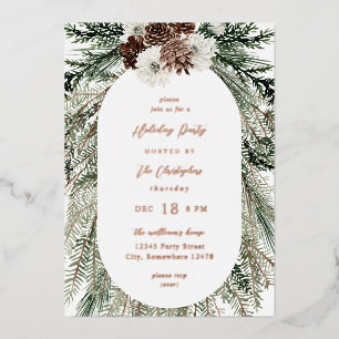 Invitación Con Relieve Metalizado Navidad Floral y de Pino Árbol Blanco de Invierno