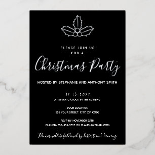 Invitación Con Relieve Metalizado Navidad Minimalista de Muérdago en Negro y Dorado