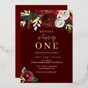 Invitación Con Relieve Metalizado Navidad Roja Floral Niña 1er Cumpleaños Dorado 