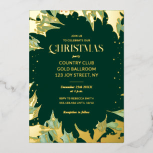 Invitación Con Relieve Metalizado Navidad Verde Oscuro Luxury Acebo Fruta