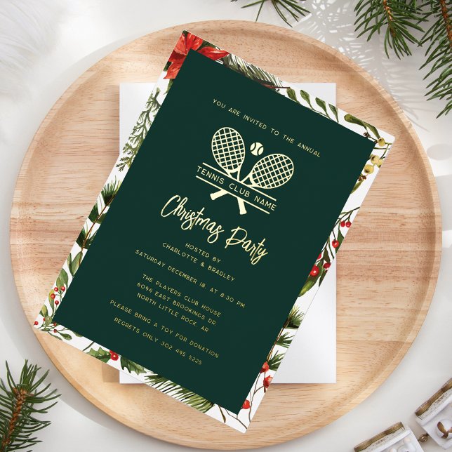 Invitación Con Relieve Metalizado Navidades anuales del Club de Tenis Fiesta Gold (Christmas Party Invitation Lawn Tennis Country Club Annual Holiday Event)