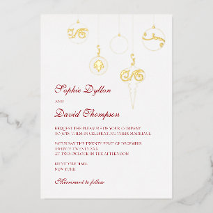 Invitación Con Relieve Metalizado Navidades bauble ornamentos invierno Boda rojo oro