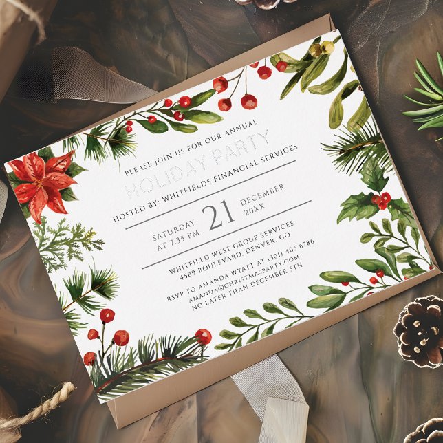 Invitación Con Relieve Metalizado Navidades botánicos modernos Fiesta Silver (Christmas Holidays Botanical Corporate Party Invitation)