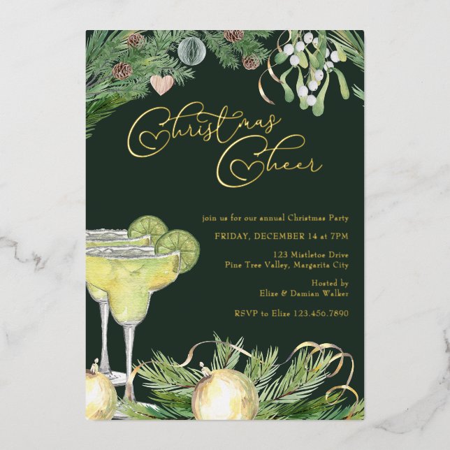 Invitación Con Relieve Metalizado Navidades Cheer Margarita y Mistletoe Fiesta Gold (Anverso)