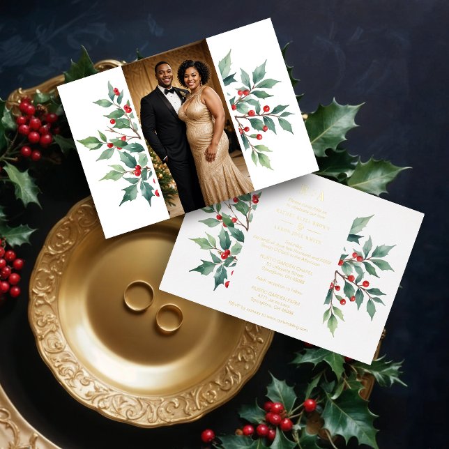 Invitación Con Relieve Metalizado Navidades de acuarela sin tiempo Holly Branches (Timeless Watercolor Effect Christmas Holly Branches Photo Golden Metallic Foil Wedding Invitations.)