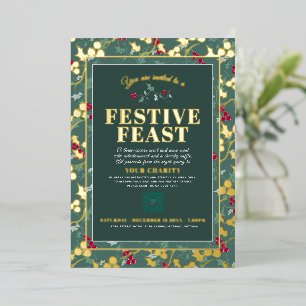 Invitación Con Relieve Metalizado Navidades de bayas de oro de la Fiesta de la Carid