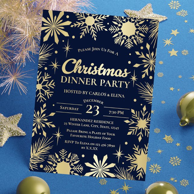 Invitación Con Relieve Metalizado Navidades de copas de nieve  Fiesta de cena (Gold Snowflakes Christmas Dinner Party Navy Foil Invitation)