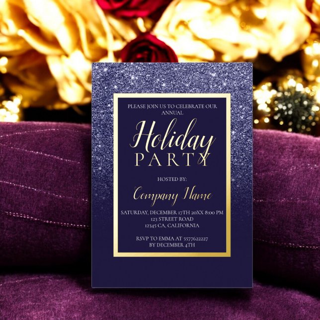 Invitación Con Relieve Metalizado Navidades de empresas de purpurina de marina (Navy glitter gold business corporate Christmas Foil Invitation)