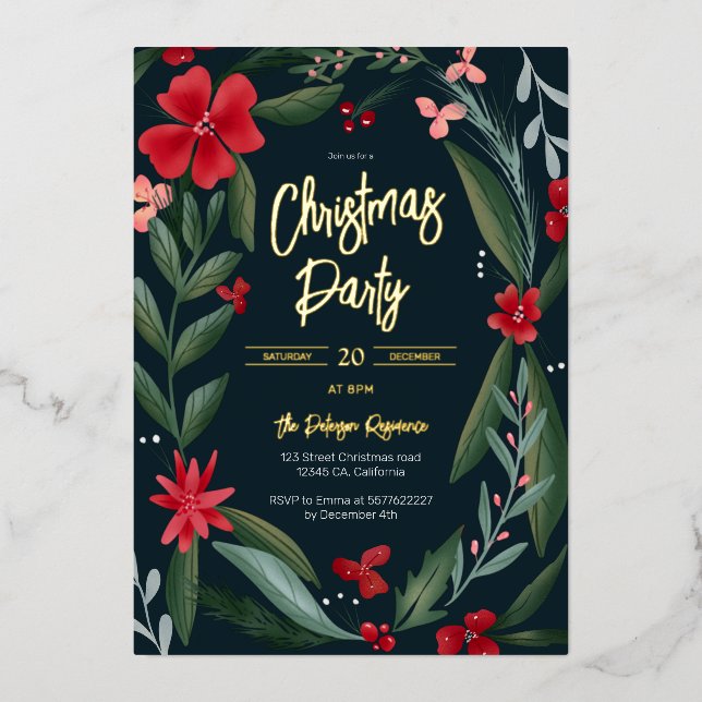 Invitación Con Relieve Metalizado Navidades de estampado floral verde rojo (Anverso)