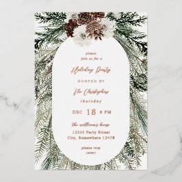 Invitación Con Relieve Metalizado Navidades de Flores Blancas y Árboles de Pino en I