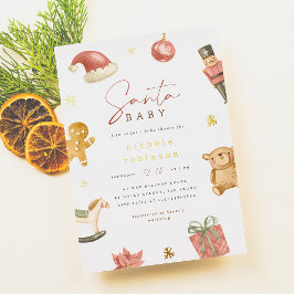 Invitación Con Relieve Metalizado Navidades de invierno Santa Bebé Baby Shower