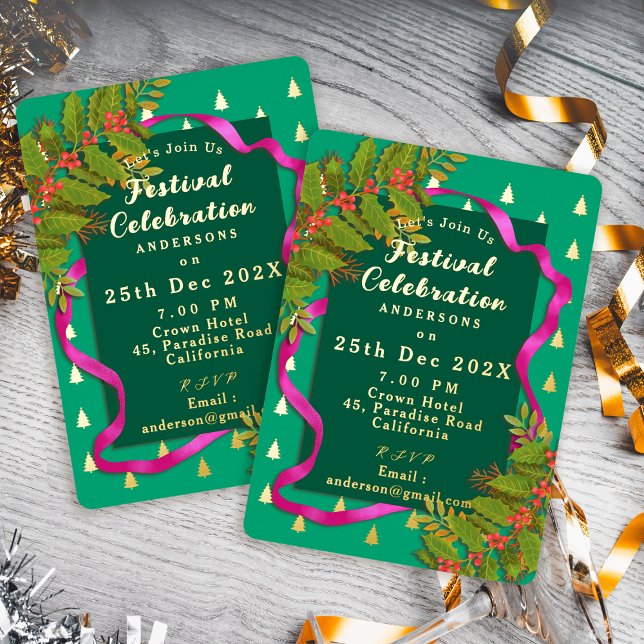 Invitación Con Relieve Metalizado Navidades de la celebración del Festival Green (Festival Celebration Christmas Green Foil Invitation)