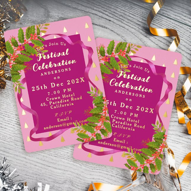 Invitación Con Relieve Metalizado Navidades de la celebración del Festival Rojo Rosa (Festival Celebration Christmas Pink Red Foil Invitation)