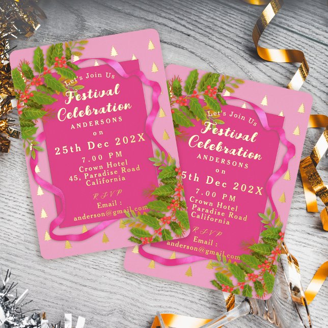Invitación Con Relieve Metalizado Navidades de la celebración del festival rosados (Festival Celebration Christmas Pink  Foil Invitation)
