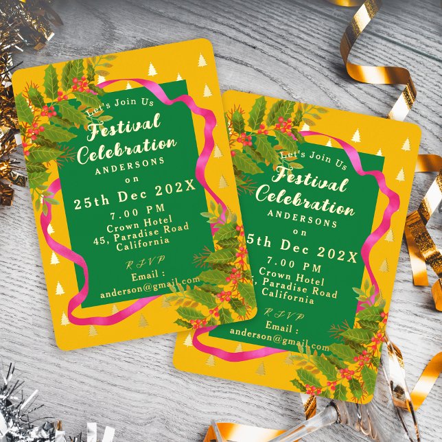 Invitación Con Relieve Metalizado Navidades de la celebración del Festival Verde Ama (Festival Celebration Christmas Yellow Green Foil Invitation)