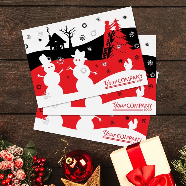 Invitación Con Relieve Metalizado Navidades de la Compañía Comercial con Logo Negro  (red black company holiday greeting cards, logo'd red logo client business Christmas cards snowmen)