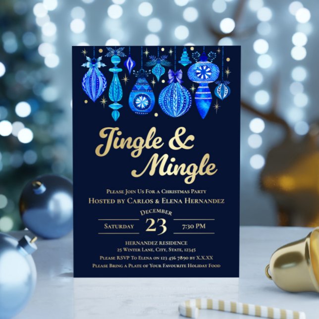 Invitación Con Relieve Metalizado Navidades de la Marina de Jingle y Mingle Baubles  (Jingle & Mingle Navy Christmas Baubles Watercolor Foil Invitation)