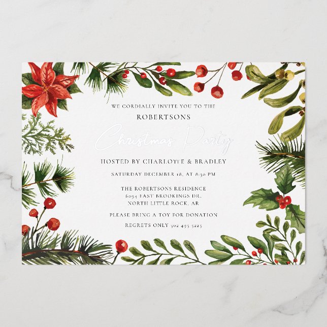 Invitación Con Relieve Metalizado Navidades de la vegetación floral Fiesta Silver (Anverso)