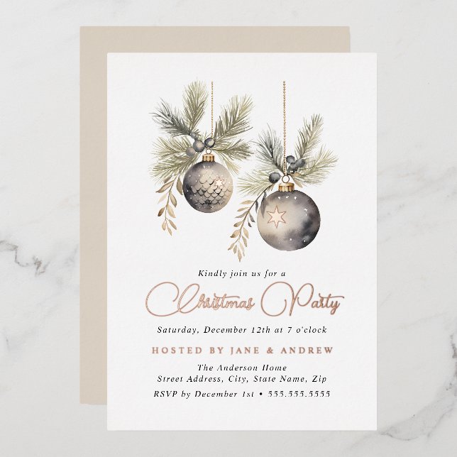 Invitación Con Relieve Metalizado Navidades de oro de Rosa beige natural Baubles (Anverso/Reverso)