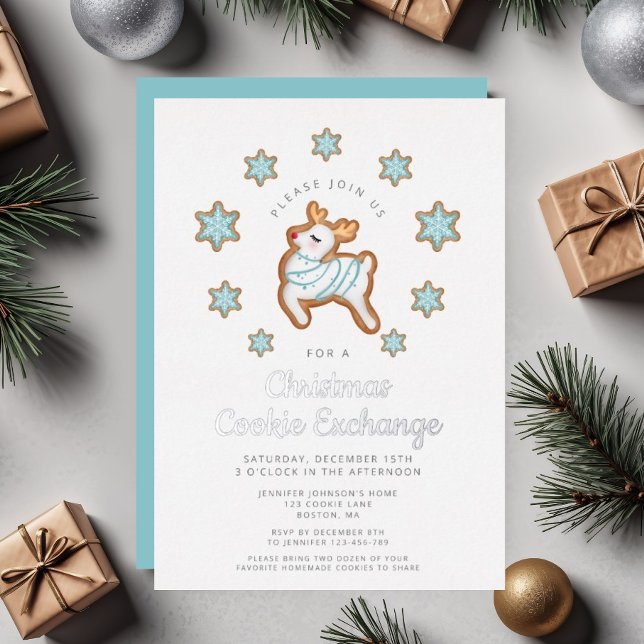 Invitación Con Relieve Metalizado Navidades de renos malcriados en el intercambio de (Cute Reindeer Christmas Cookie Exchange Foil Invitation)