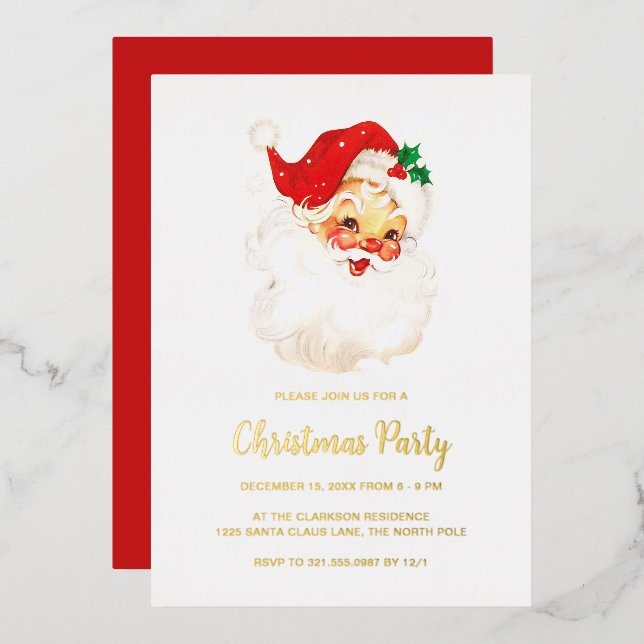 Invitación Con Relieve Metalizado Navidades de Santa Claus, de la época roja, Fiesta (Anverso/Reverso)
