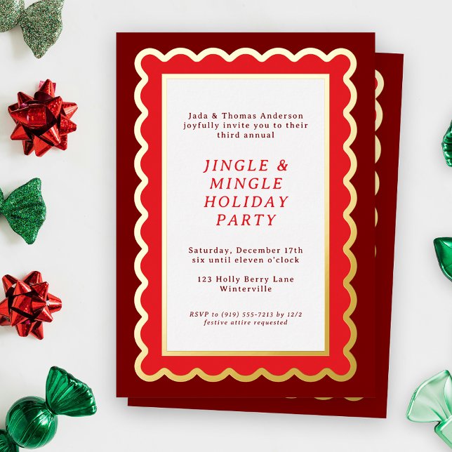 Invitación Con Relieve Metalizado Navidades de vieira simple preppy rojo y blanco (A scalloped holiday party invitation feels festive and bold and bright in shades of Christmas red)