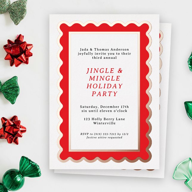 Invitación Con Relieve Metalizado Navidades de vieira simple preppy rojo y blanco (A scalloped holiday party invitation feels festive and bold and bright in Christmas red and white)