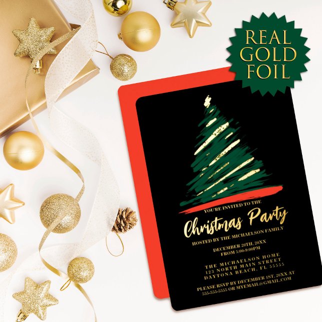 Invitación Con Relieve Metalizado Navidades del Árbol Rojo Oro Resumen Moderno (Subido por el creador)