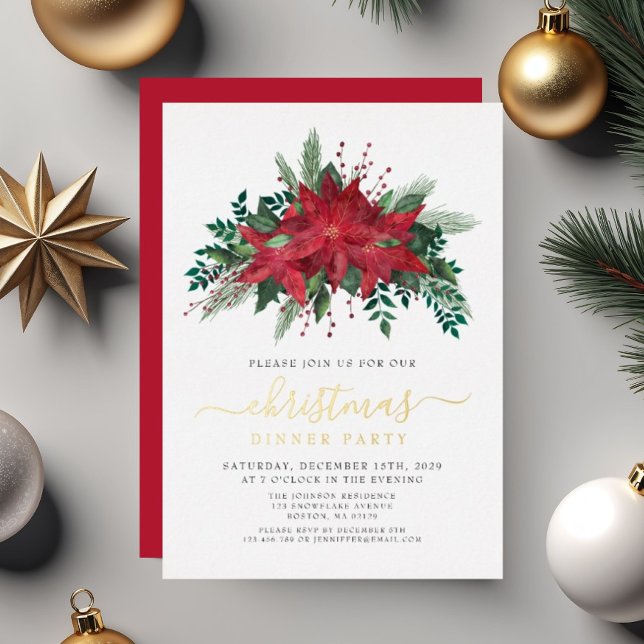 Invitación Con Relieve Metalizado Navidades festivos de Poinsettia cena Fiesta oro (Festive Poinsettia Christmas Dinner Party Gold Foil Invitation)