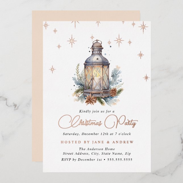 Invitación Con Relieve Metalizado Navidades festivos Shimmer Lantern (Anverso/Reverso)