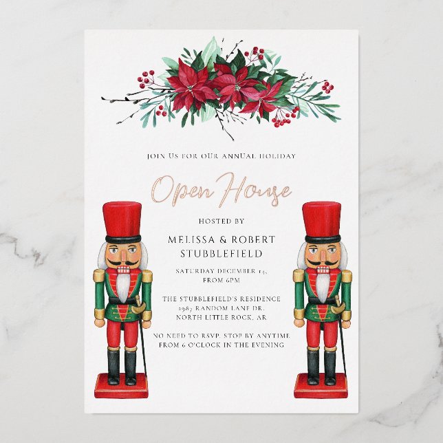Invitación Con Relieve Metalizado Navidades Fiesta Botánico Juguete Nutcracker Rosa  (Anverso)