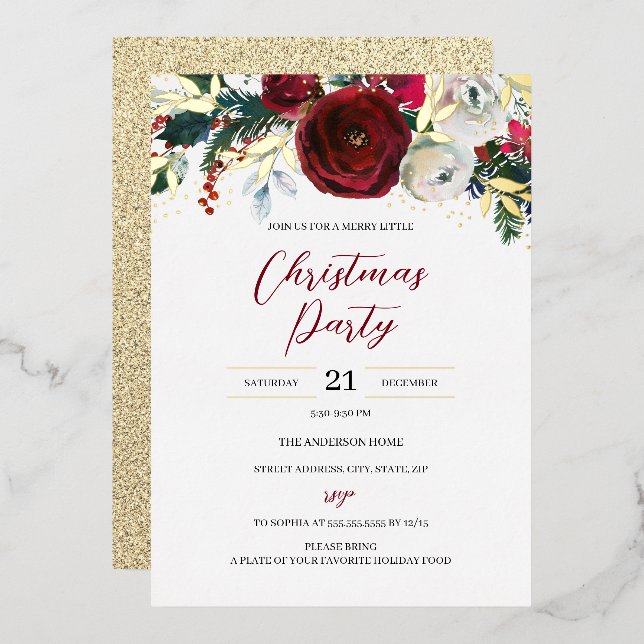 Invitación Con Relieve Metalizado Navidades Fiesta de Foliage Rojo Oro (Anverso/Reverso)