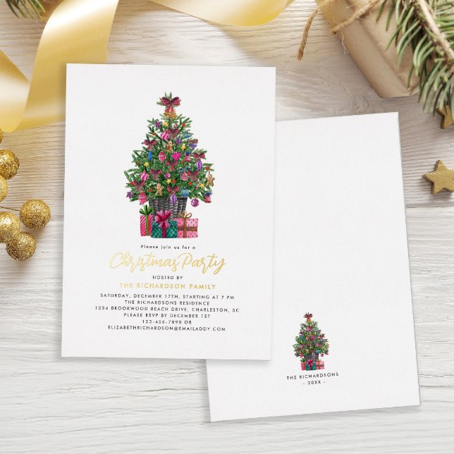 Invitación Con Relieve Metalizado Navidades Fiesta Festive Tree Gold (Christmas Party Festive Tree Gold Foil Invitation)