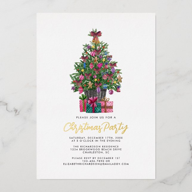 Invitación Con Relieve Metalizado Navidades Fiesta Festividad Oro de Árbol Rosa (Anverso)