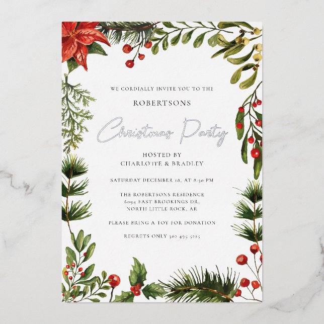 Invitación Con Relieve Metalizado Navidades Floral Botánica Rojo Berries Plateado (Anverso)