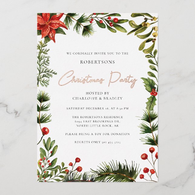 Invitación Con Relieve Metalizado Navidades Floral Red Berries Fiesta Rosa Gold (Anverso)