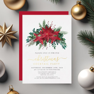 Invitación Con Relieve Metalizado Navidades florales de Poinsettia Rojo Fiesta de có