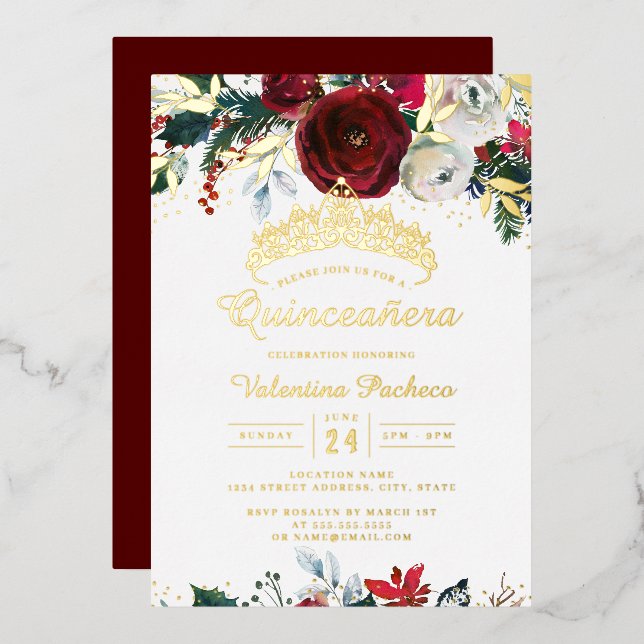Invitación Con Relieve Metalizado Navidades Foliage Red Gold Festiage Quinceanera (Anverso/Reverso)