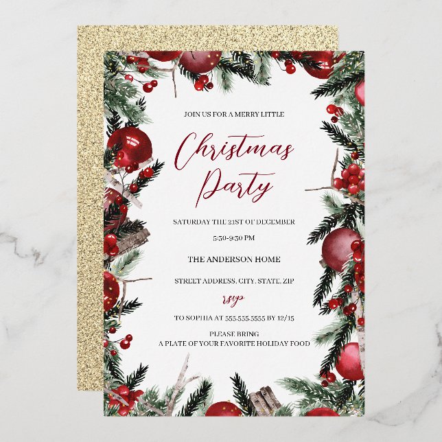 Invitación Con Relieve Metalizado Navidades Foliage Wreath Fiesta (Anverso/Reverso)