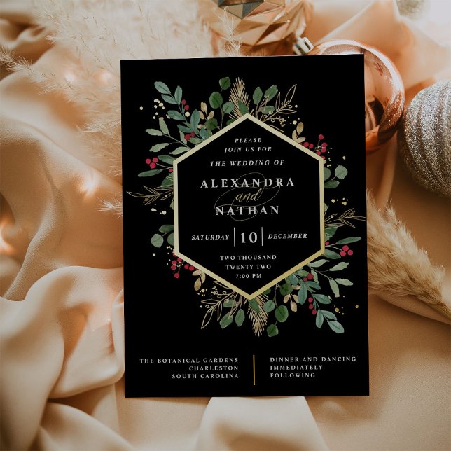 Invitación Con Relieve Metalizado Navidades Gilded Greenery sobre el Boda negro (Subido por el creador)