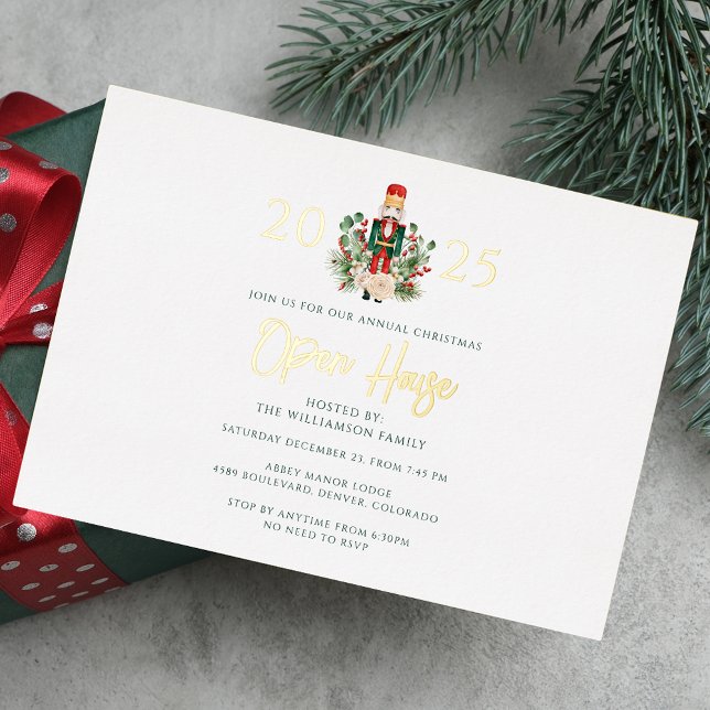 Invitación Con Relieve Metalizado Navidades Holiday Nutcracker Open House Fiesta Gol (Christmas Holiday Nutcracker Open House Party Gold Foil Invitation)